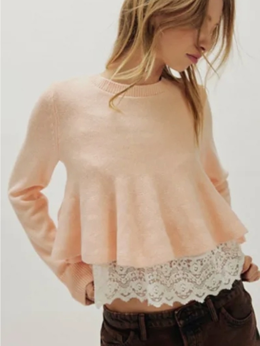 NWT Free People Pale Peach Babydoll SoftSpun Peplum Knit Sweater Size L